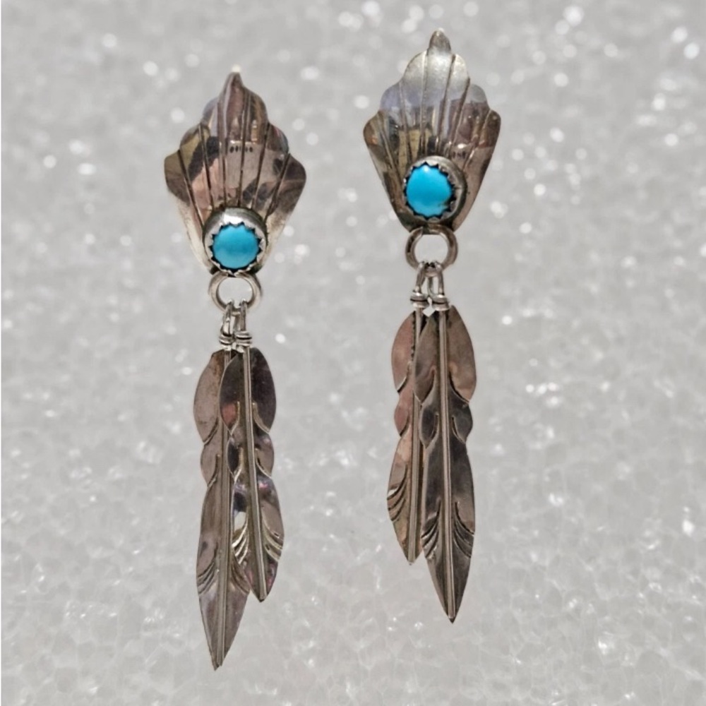 Vintage Navajo Silver Turquoise Feather Dangle Earrings